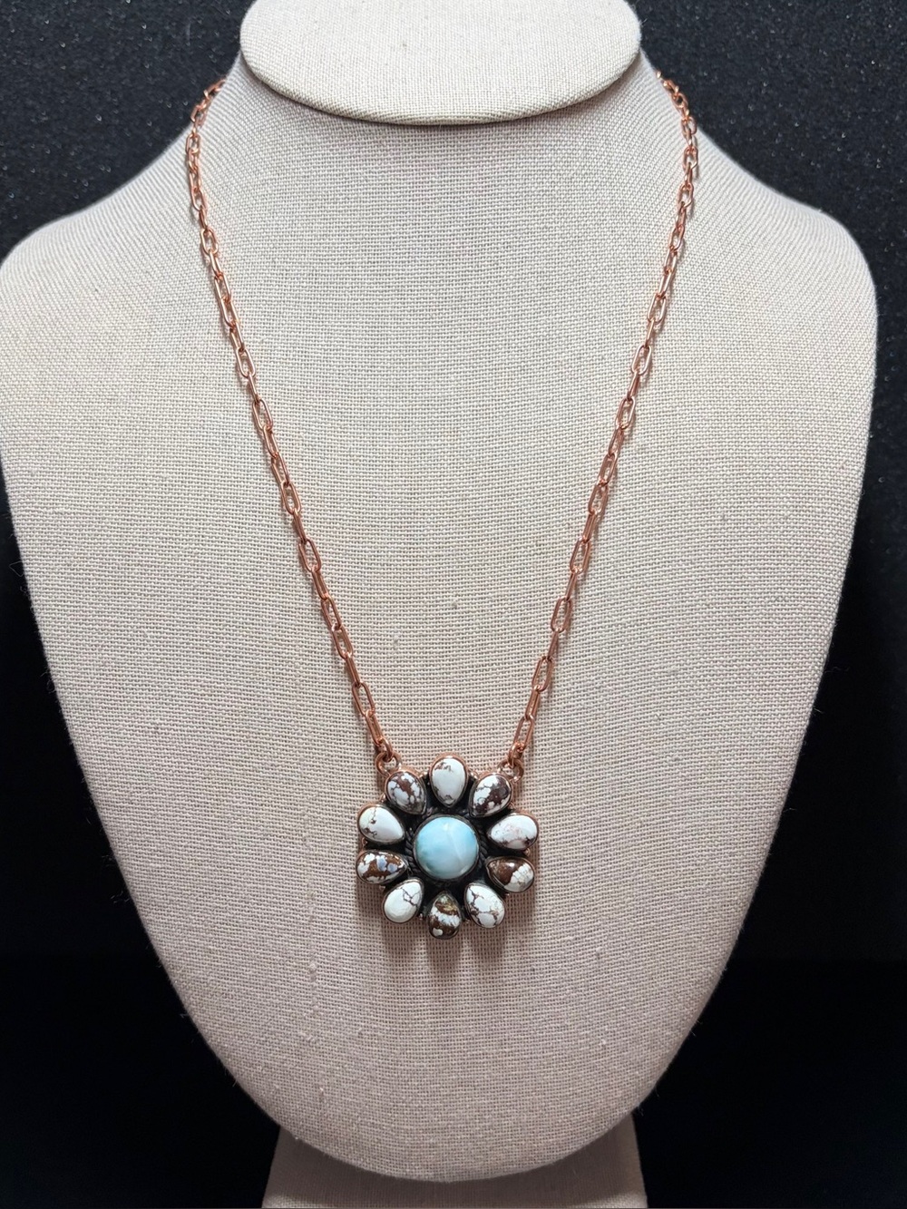 Rose Gold Flower Pendant Necklace with White and Turquoise Stones